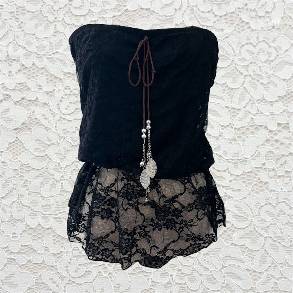 vintage y2k festival black lace tube top with cute leather tie